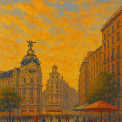 cuadro pintado a mano atardecer en madrid
