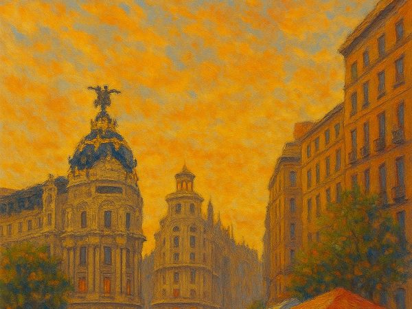 cuadro pintado a mano atardecer en madrid